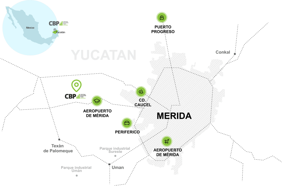 Map showing the location of Central Business Park in relation to the main strategic points of Mérida, Yucatán