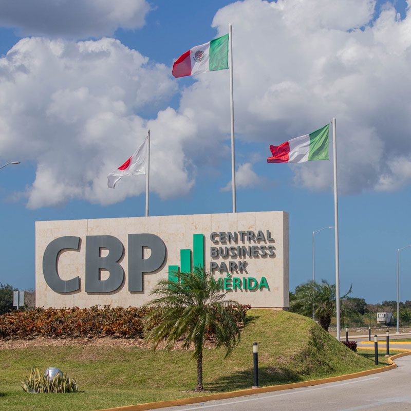View of the entrance to Mérida's Central Business Park with CBP sign.