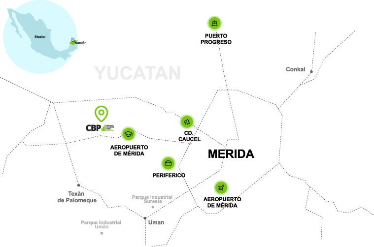 Map that shows the strategic position of Mérida, Yucatán, with access to the main international markets